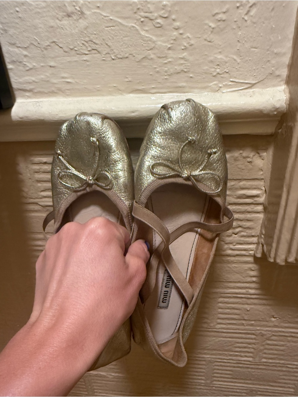 Miu Miu Metallic Gold Cross-Strap Ballet Flats